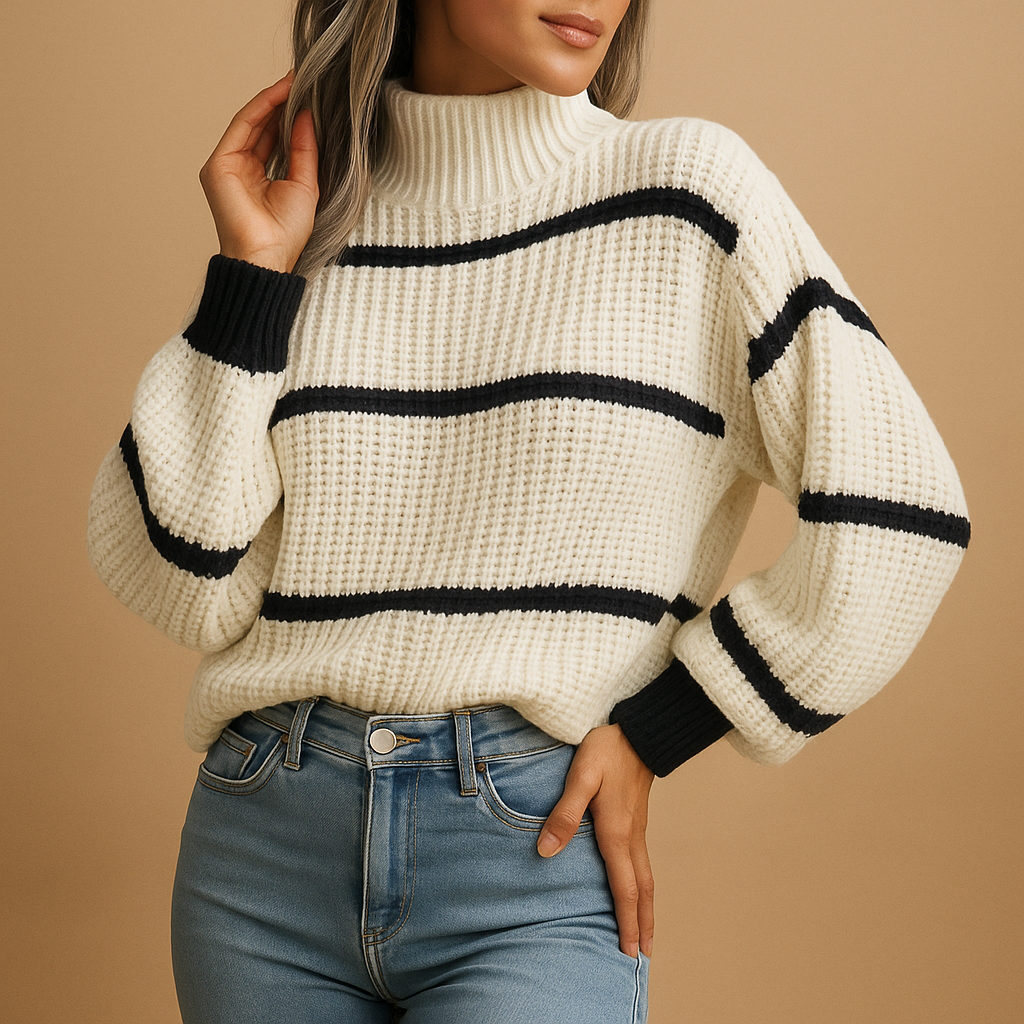 Women’s Striped High Neck Knit Sweater – Relaxed Everyday Fit